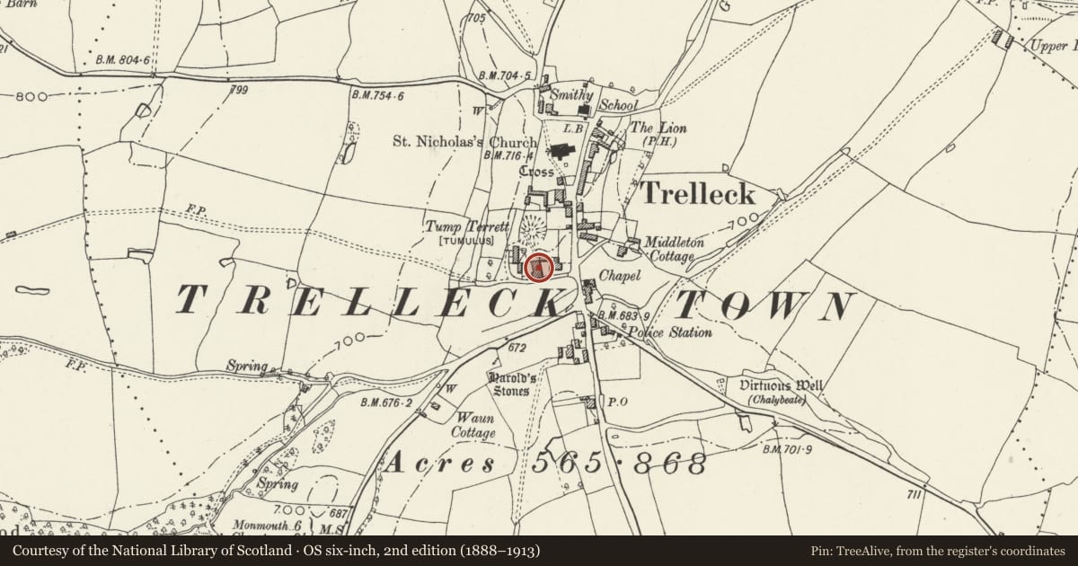 Ordnance Survey six-inch map, 2nd edition (1888–1913) covering the location of Barn at Court Farm, Trellech United, Monmouthshire, with a pin at the register's coordinates