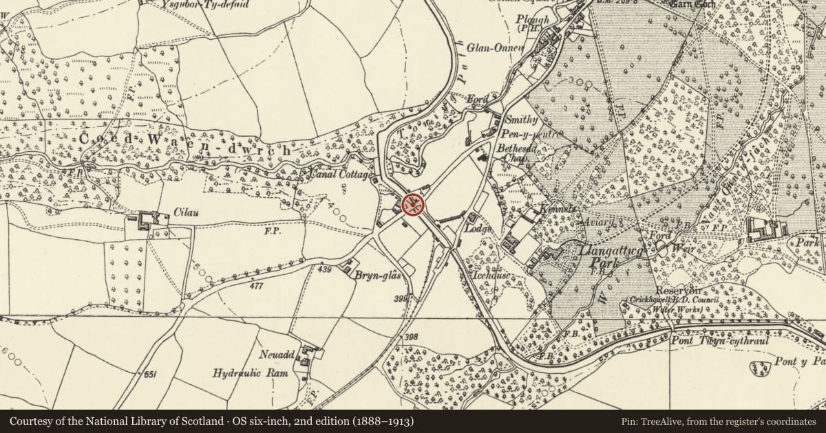 Ordnance Survey six-inch map, 2nd edition (1888–1913) covering the location of Upper Yard Bridge (Canal Bridge No 115), Llangattock, Powys, with a pin at the register's coordinates