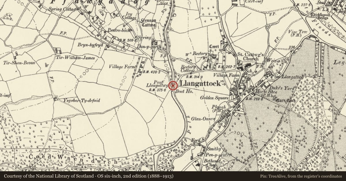 Ordnance Survey six-inch map, 2nd edition (1888–1913) covering the location of Pont Llangattock (Canal Bridge No 116) aka Ffawyddog Bridge, Powys, with a pin at the register's coordinates