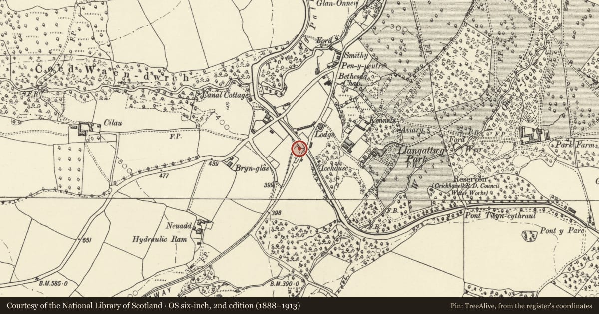 Ordnance Survey six-inch map, 2nd edition (1888–1913) covering the location of Limekiln, Llangattock, Powys, with a pin at the register's coordinates