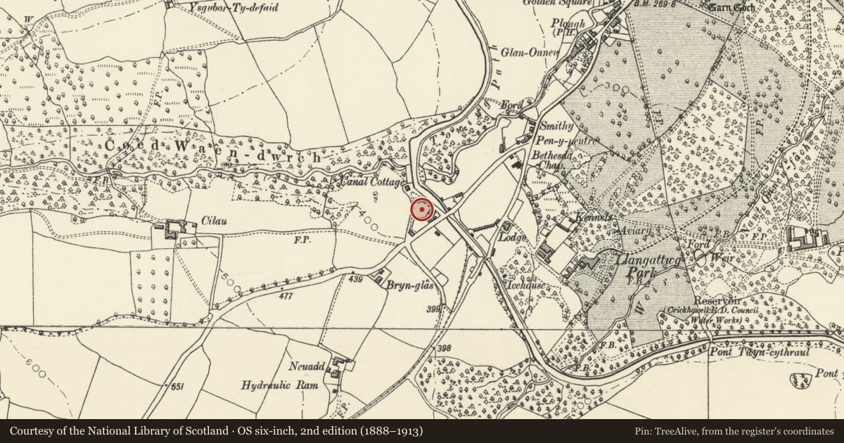 Ordnance Survey six-inch map, 2nd edition (1888–1913) covering the location of Bank of Limekilns, Llangattock, Powys, with a pin at the register's coordinates