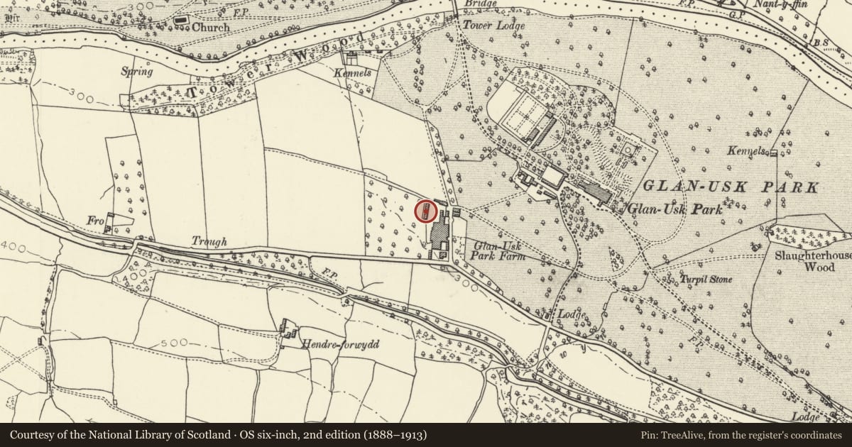 Ordnance Survey six-inch map, 2nd edition (1888–1913) covering the location of Hay Barn to W side of farmyard, Llangattock, Powys, with a pin at the register's coordinates