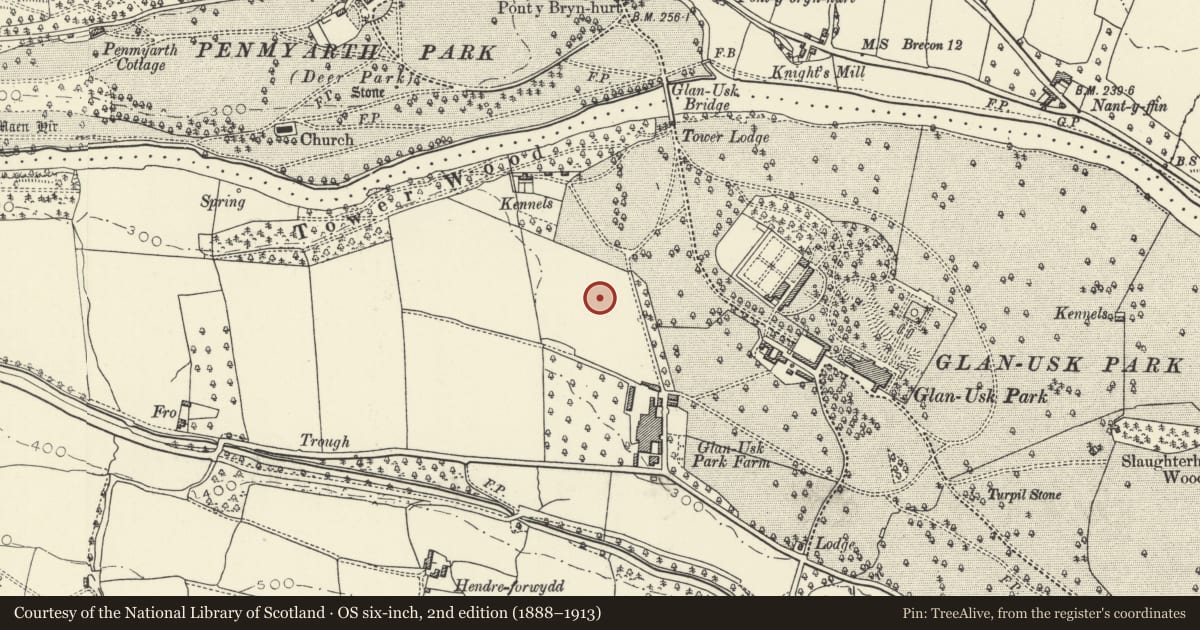 Ordnance Survey six-inch map, 2nd edition (1888–1913) covering the location of Workshops and Office, Llangattock, Powys, with a pin at the register's coordinates