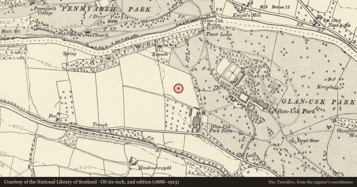 Ordnance Survey six-inch map, 2nd edition (1888–1913) covering the location of Former Saw Mills, Llangattock, Powys, with a pin at the register's coordinates