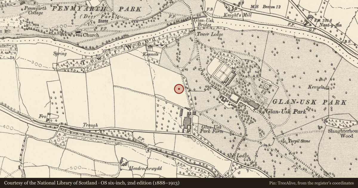 Ordnance Survey six-inch map, 2nd edition (1888–1913) covering the location of Cart Shed, Llangattock, Powys, with a pin at the register's coordinates