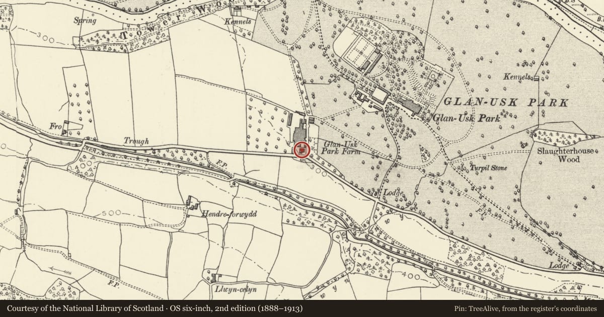 Ordnance Survey six-inch map, 2nd edition (1888–1913) covering the location of Weigh Bridge House including weigh bridge, Llangattock, Powys, with a pin at the register's coordinates