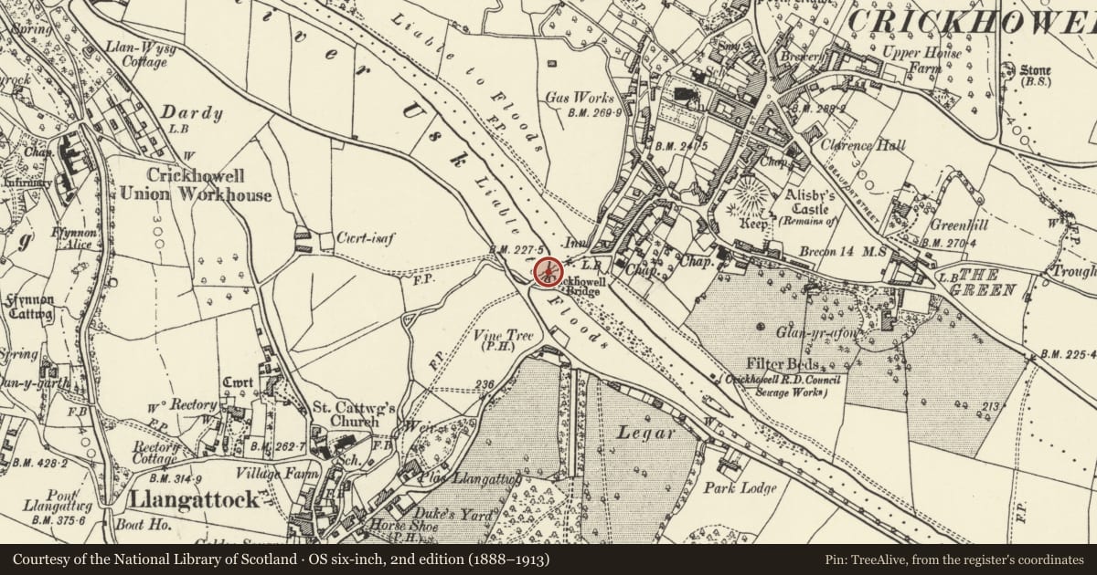 Ordnance Survey six-inch map, 2nd edition (1888–1913) covering the location of Crickhowell Bridge (partly in Crickhowell community), Llangattock, Powys, with a pin at the register's coordinates