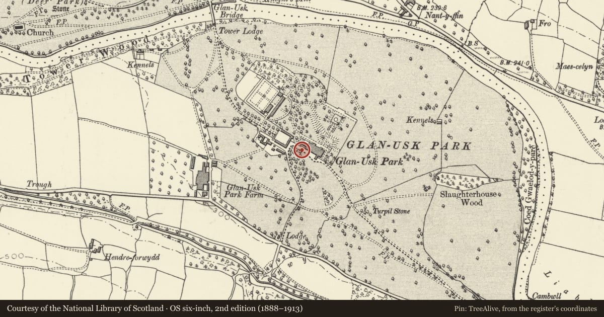 Ordnance Survey six-inch map, 2nd edition (1888–1913) covering the location of Garden Boundary Wall including gated entrance, Llangattock, Powys, with a pin at the register's coordinates