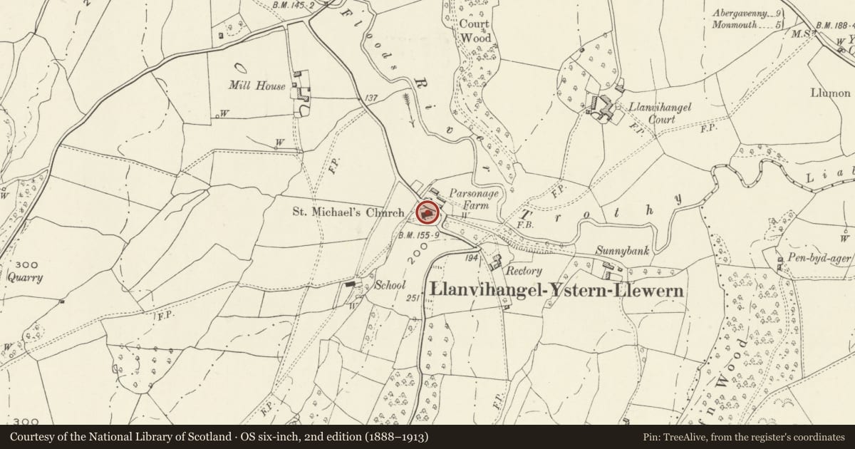 Ordnance Survey six-inch map, 2nd edition (1888–1913) covering the location of Church of St Michael and All Angels, Whitecastle, Monmouthshire, with a pin at the register's coordinates