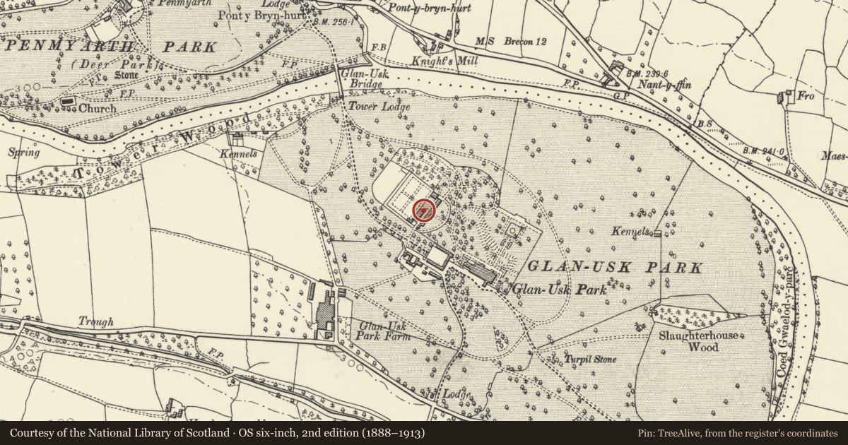 Ordnance Survey six-inch map, 2nd edition (1888–1913) covering the location of Frame Yard, Llangattock, Powys, with a pin at the register's coordinates