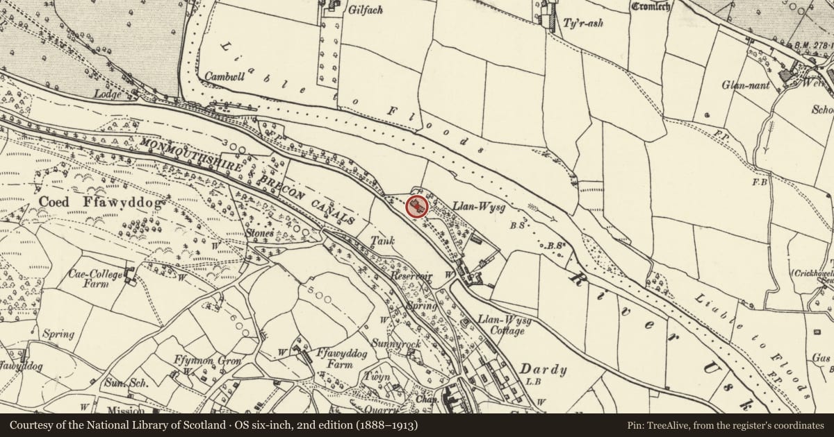 Ordnance Survey six-inch map, 2nd edition (1888–1913) covering the location of Llan Wysg, Llangattock, Powys, with a pin at the register's coordinates