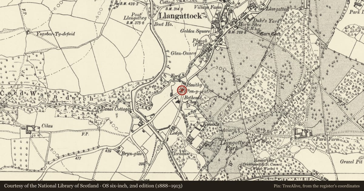 Ordnance Survey six-inch map, 2nd edition (1888–1913) covering the location of Pen-y-Pentre (aka The Old Factory House), Llangattock, Powys, with a pin at the register's coordinates