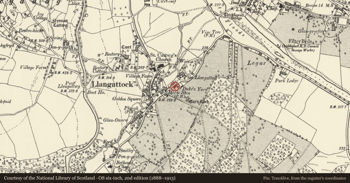 Ordnance Survey six-inch map, 2nd edition (1888–1913) covering the location of Beech View, Llangattock, Powys, with a pin at the register's coordinates