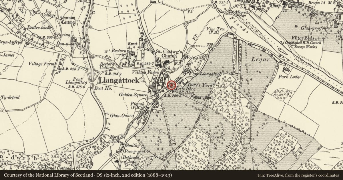 Ordnance Survey six-inch map, 2nd edition (1888–1913) covering the location of Horse Shoe Inn, Llangattock, Powys, with a pin at the register's coordinates