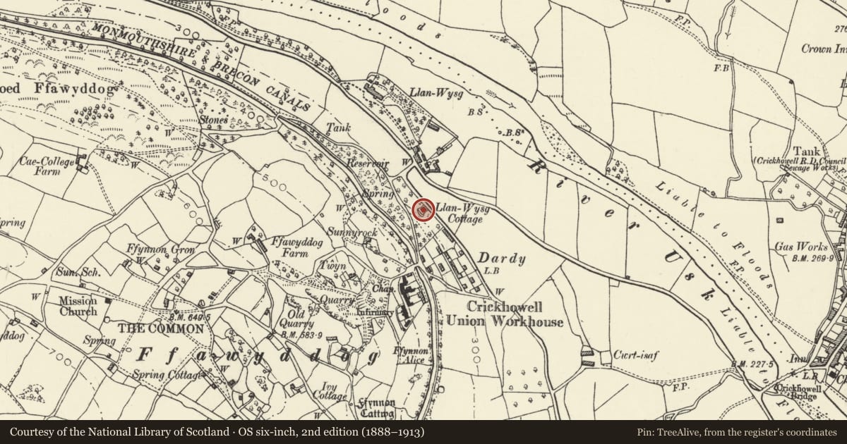 Ordnance Survey six-inch map, 2nd edition (1888–1913) covering the location of Llan Wysg Cottage, Llangattock, Powys, with a pin at the register's coordinates