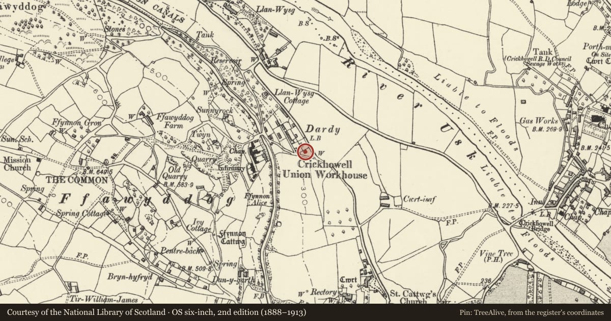 Ordnance Survey six-inch map, 2nd edition (1888–1913) covering the location of Springfield Cottage, Llangattock, Powys, with a pin at the register's coordinates
