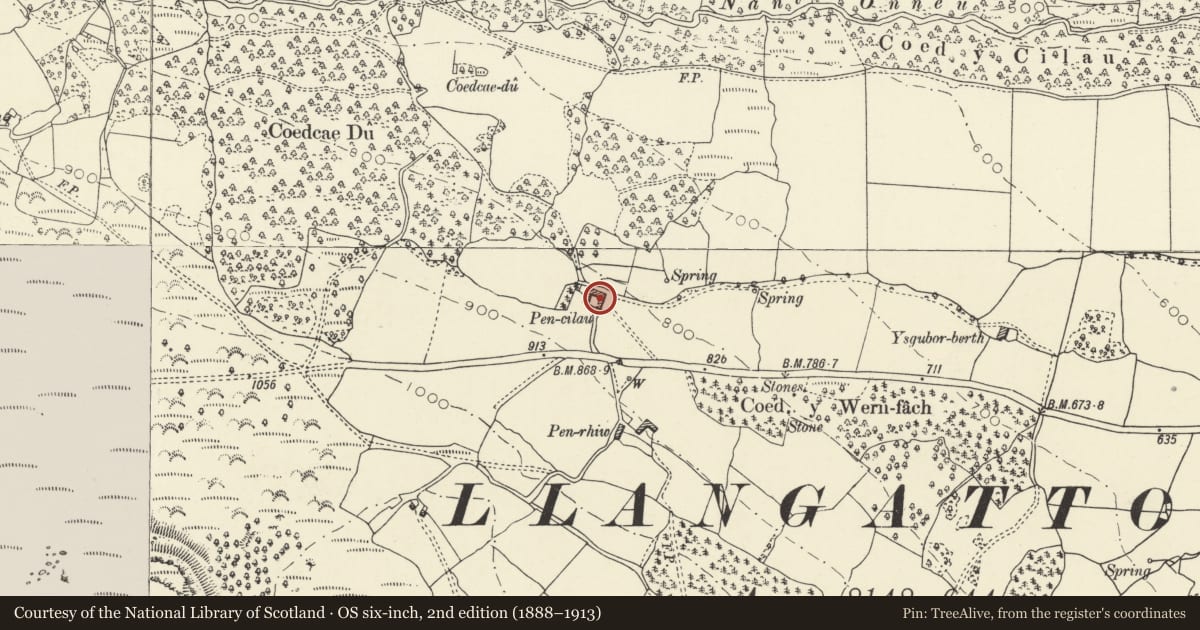Ordnance Survey six-inch map, 2nd edition (1888–1913) covering the location of Barn and attached ranges at Pen-Cilau, Llangattock, Powys, with a pin at the register's coordinates