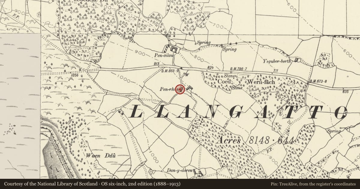 Ordnance Survey six-inch map, 2nd edition (1888–1913) covering the location of Pen-Rhiw, Llangattock, Powys, with a pin at the register's coordinates
