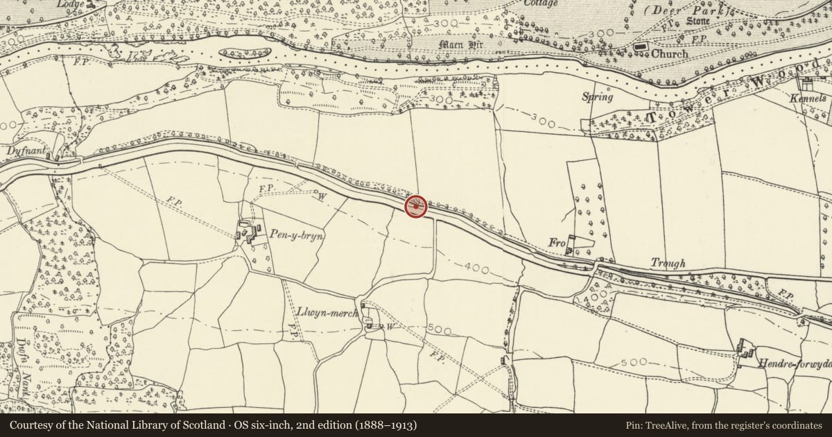 Ordnance Survey six-inch map, 2nd edition (1888–1913) covering the location of Pen-y-bryn Bridge (Canal Bridge No 123), Llangattock, Powys, with a pin at the register's coordinates