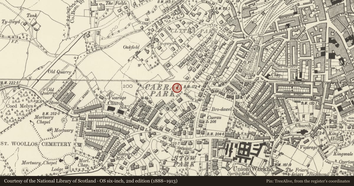 Ordnance Survey six-inch map, 2nd edition (1888–1913) covering the location of Llanthewy Road Baptist Church and attached Sunday School wing, Allt-yr-Yn, Newport, with a pin at the register's coordinates