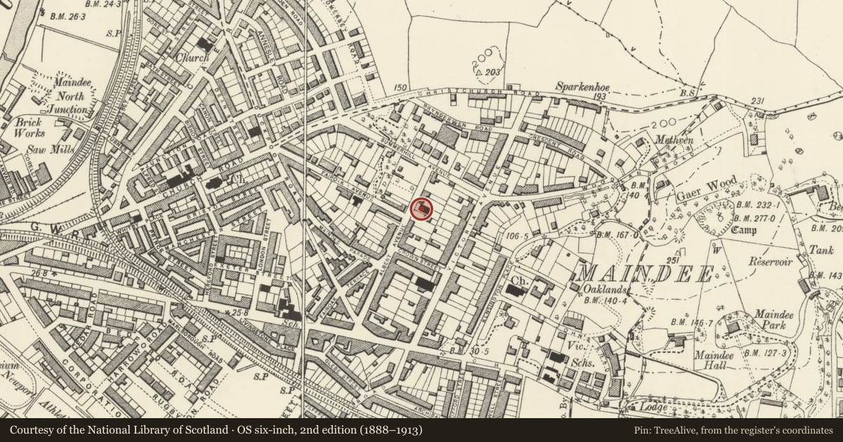 Ordnance Survey six-inch map, 2nd edition (1888–1913) covering the location of Summerhill Baptist Church, Victoria, Newport, with a pin at the register's coordinates