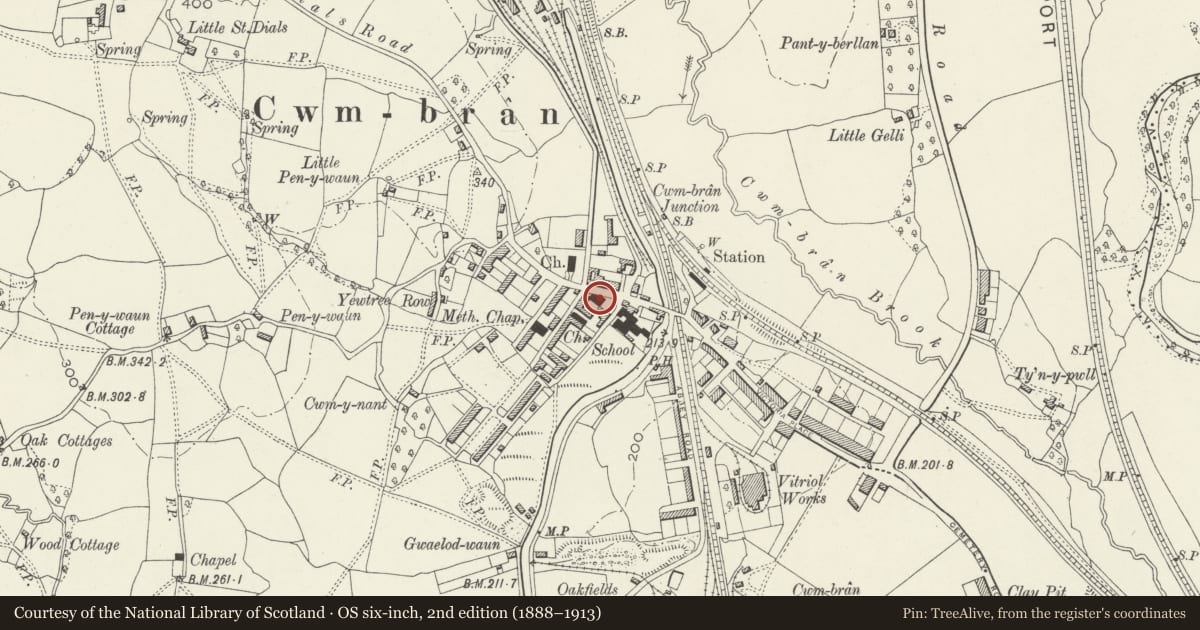 Ordnance Survey six-inch map, 2nd edition (1888–1913) covering the location of Elim United Reformed Church and attached Schoolroom, Cwmbran Central, Torfaen, with a pin at the register's coordinates
