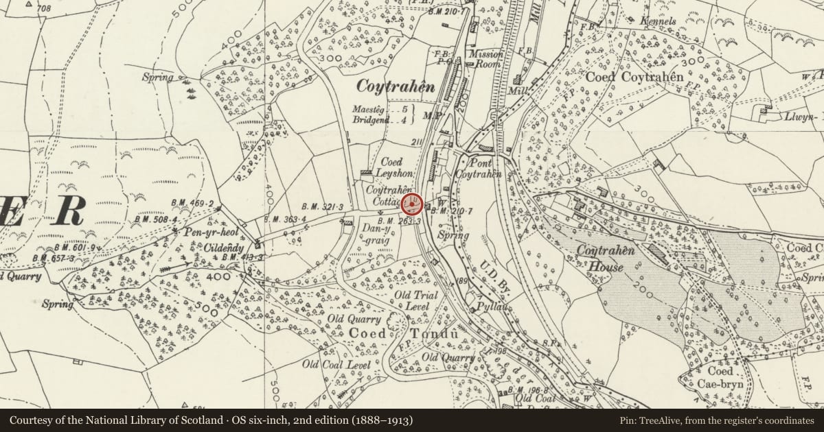 Ordnance Survey six-inch map, 2nd edition (1888–1913) covering the location of Cildeudy tunnel, Llangynwyd Lower, Bridgend, with a pin at the register's coordinates