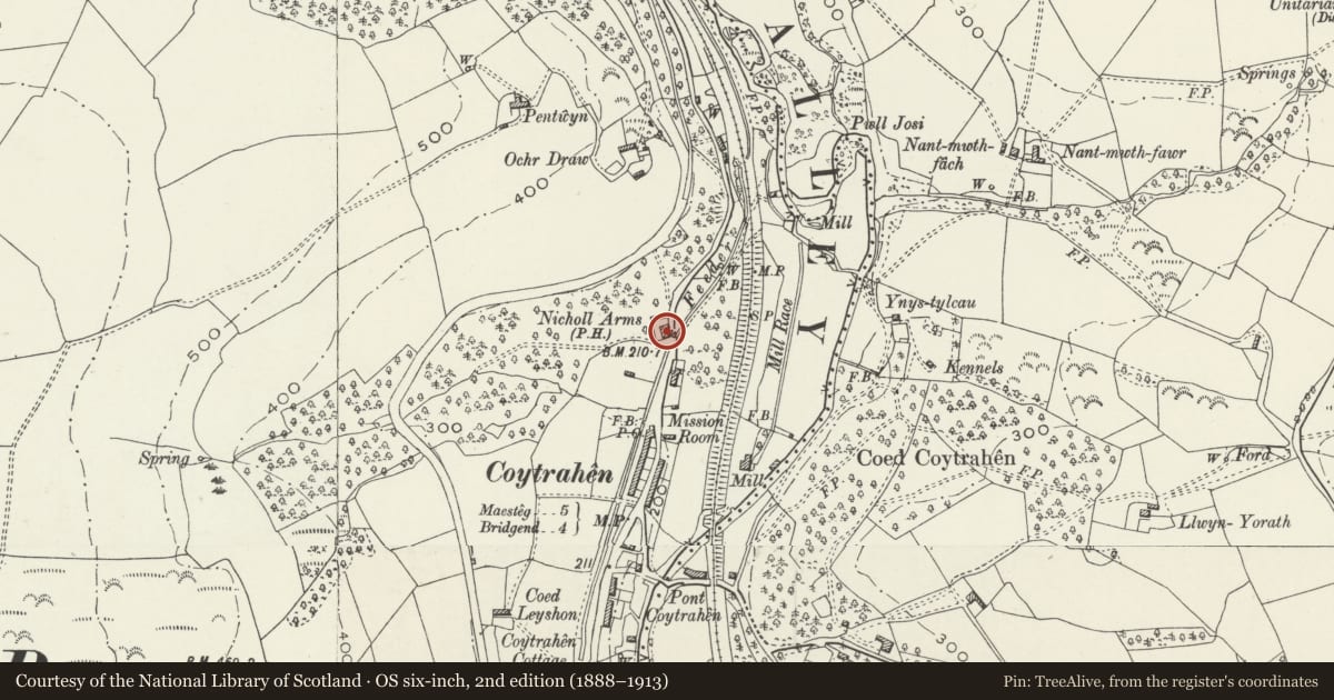 Ordnance Survey six-inch map, 2nd edition (1888–1913) covering the location of Nicholls Arms PH, Llangynwyd Lower, Bridgend, with a pin at the register's coordinates