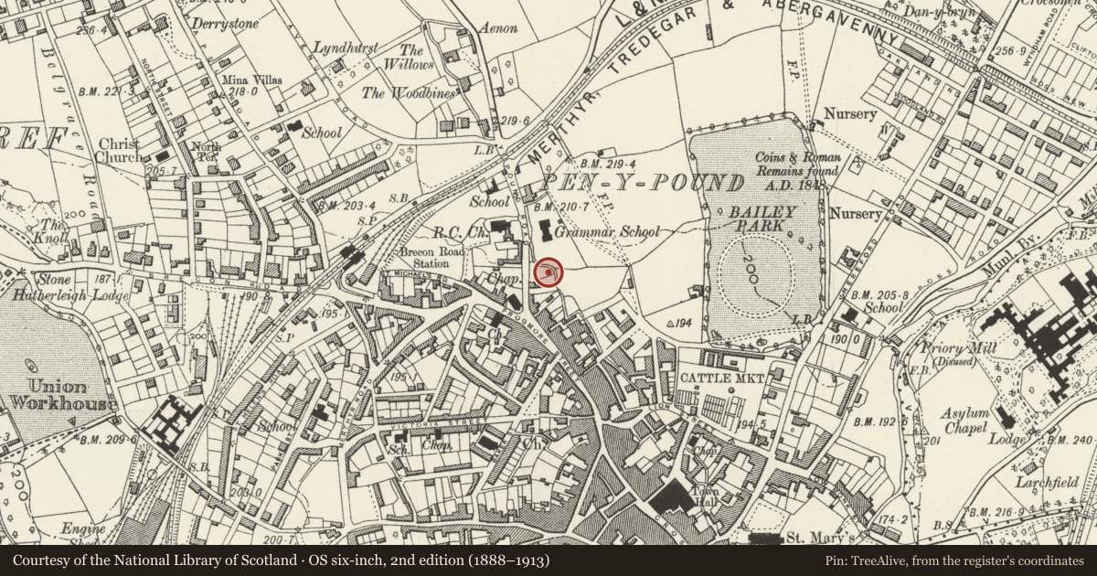 Ordnance Survey six-inch map, 2nd edition (1888–1913) covering the location of Whitefield Chapel (Presbyterian), Abergavenny, Monmouthshire, with a pin at the register's coordinates