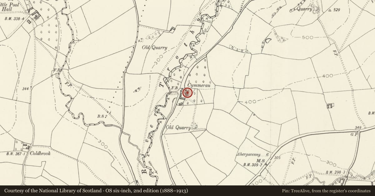 Ordnance Survey six-inch map, 2nd edition (1888–1913) covering the location of Cwmerra Farm, Skenfrith, Monmouthshire, with a pin at the register's coordinates
