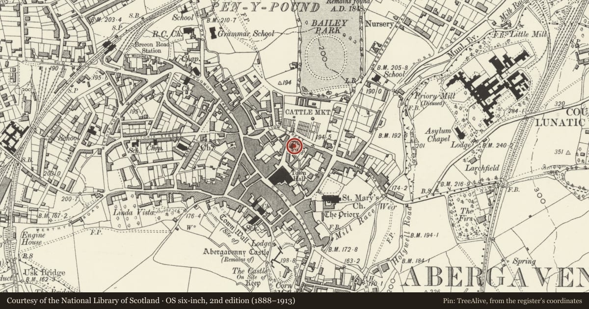 Ordnance Survey six-inch map, 2nd edition (1888–1913) covering the location of Former Bethany Chapel, Abergavenny, Monmouthshire, with a pin at the register's coordinates