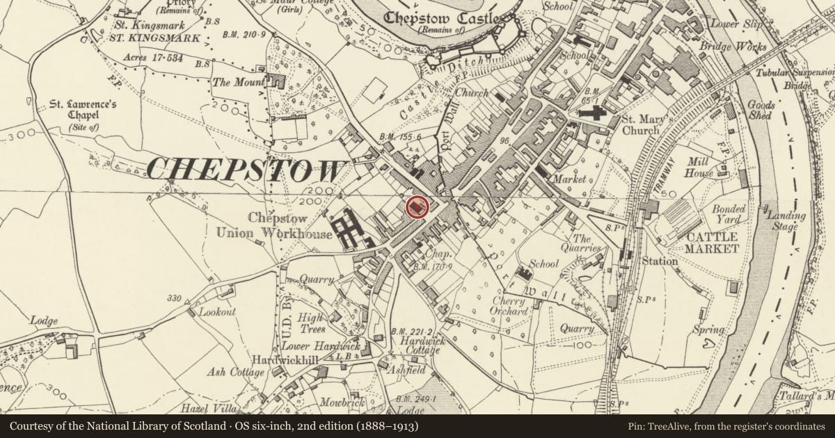 Ordnance Survey six-inch map, 2nd edition (1888–1913) covering the location of Chepstow Methodist Church, Monmouthshire, with a pin at the register's coordinates