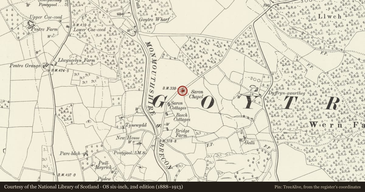 Ordnance Survey six-inch map, 2nd edition (1888–1913) covering the location of Saron Baptist Church, Goetre Fawr, Monmouthshire, with a pin at the register's coordinates