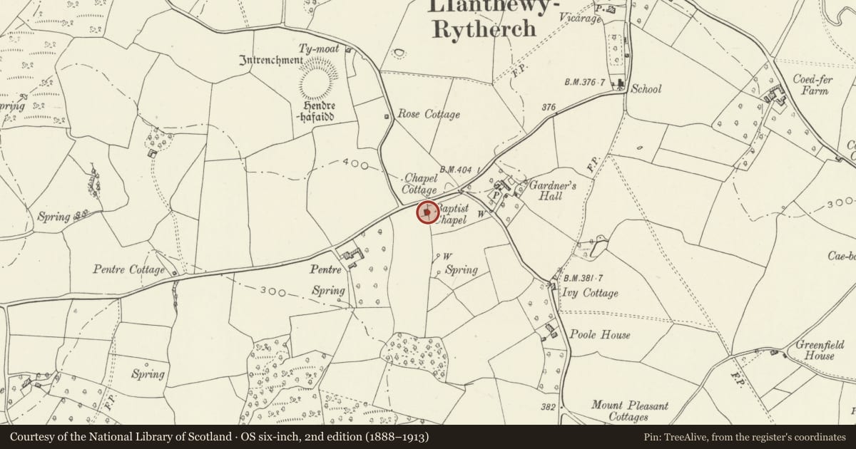 Ordnance Survey six-inch map, 2nd edition (1888–1913) covering the location of Llanddewi Rhydderch Baptist Chapel, Gobion Fawr, Monmouthshire, with a pin at the register's coordinates