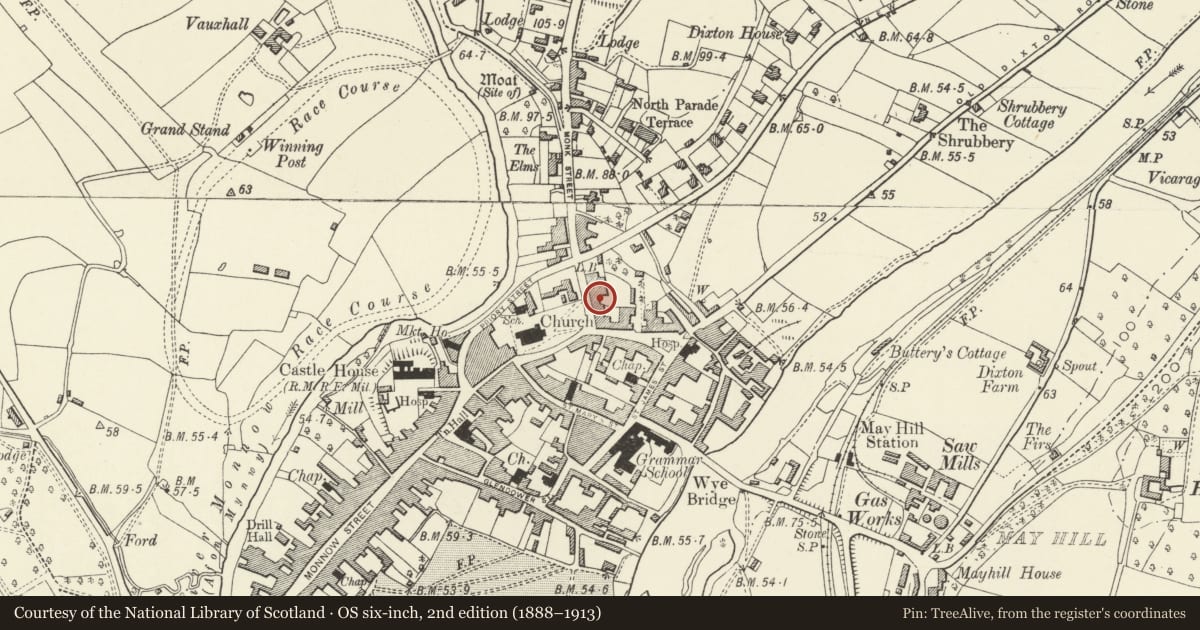 Ordnance Survey six-inch map, 2nd edition (1888–1913) covering the location of Monmouth Baptist Church, Monmouthshire, with a pin at the register's coordinates