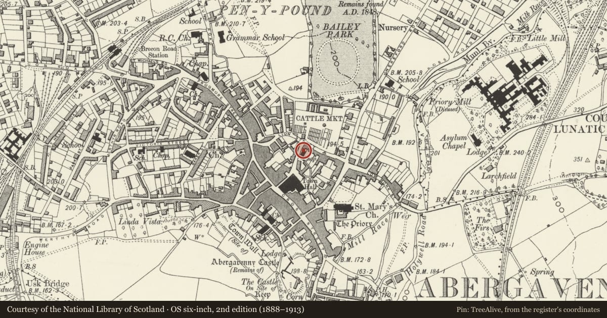 Ordnance Survey six-inch map, 2nd edition (1888–1913) covering the location of Entrance Gates, Boundary Wall and railings to former Bethany Chapel, Abergavenny, Monmouthshire, with a pin at the register's coordinates