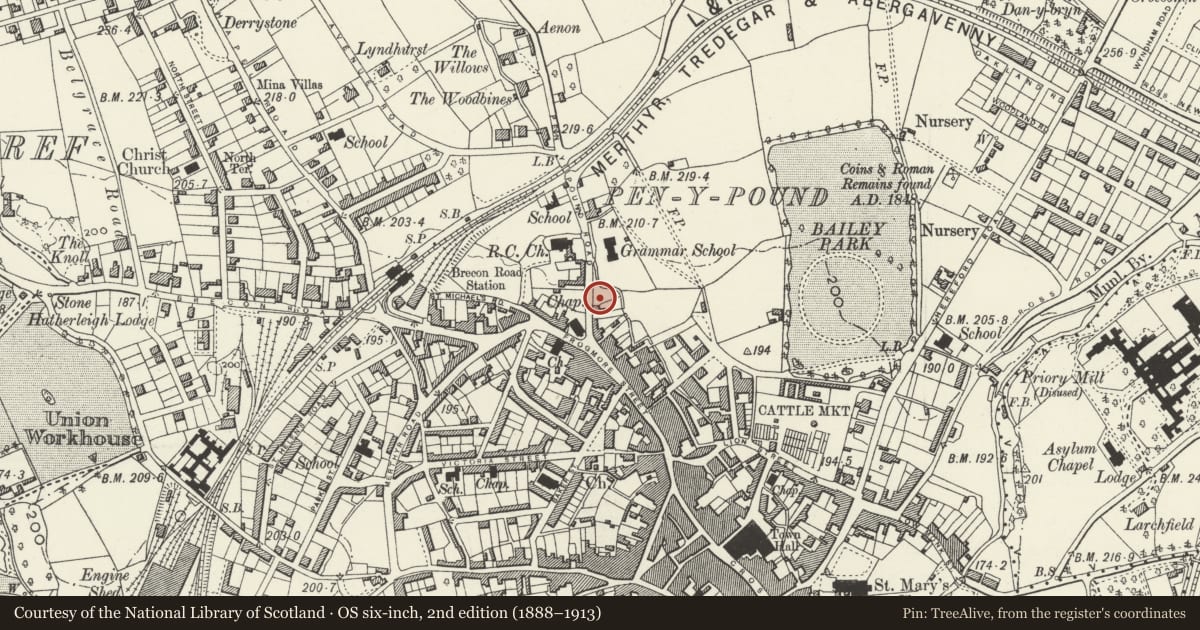 Ordnance Survey six-inch map, 2nd edition (1888–1913) covering the location of Entrance Gates, Boundary Wall and Railings at Whitefield Chapel, Abergavenny, Monmouthshire, with a pin at the register's coordinates