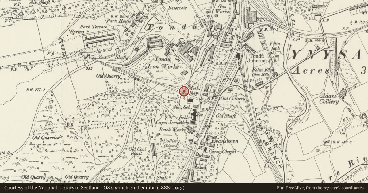 Ordnance Survey six-inch map, 2nd edition (1888–1913) covering the location of Bridge over Incline Plane Tondu, Ynysawdre, Bridgend, with a pin at the register's coordinates