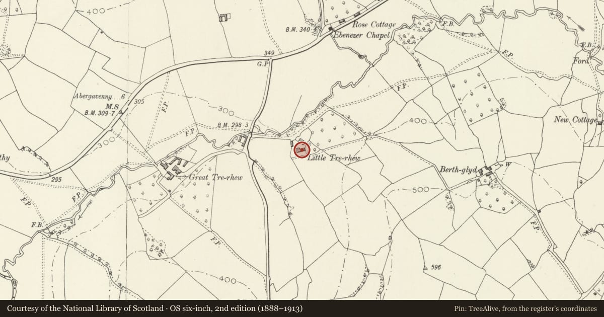 Ordnance Survey six-inch map, 2nd edition (1888–1913) covering the location of Barn at Upper Trerew, Skenfrith, Monmouthshire, with a pin at the register's coordinates