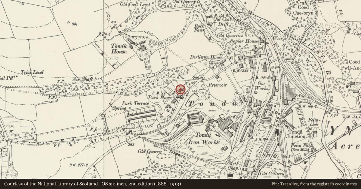 Ordnance Survey six-inch map, 2nd edition (1888–1913) covering the location of 23 Derllwyn Road, Ynysawdre, Bridgend, with a pin at the register's coordinates