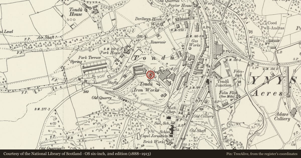Ordnance Survey six-inch map, 2nd edition (1888–1913) covering the location of Former Blast Engine Houses at Tondu Ironworks, Ynysawdre, Bridgend, with a pin at the register's coordinates