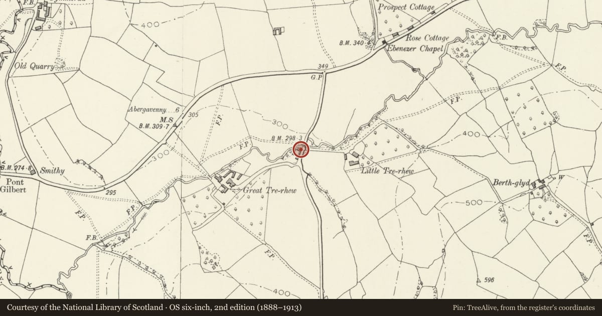 Ordnance Survey six-inch map, 2nd edition (1888–1913) covering the location of Barn at Croft Farm, Skenfrith, Monmouthshire, with a pin at the register's coordinates