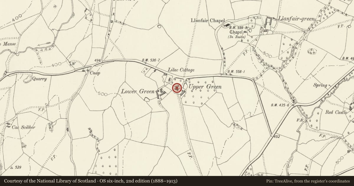 Ordnance Survey six-inch map, 2nd edition (1888–1913) covering the location of Upper Green, Skenfrith, Monmouthshire, with a pin at the register's coordinates