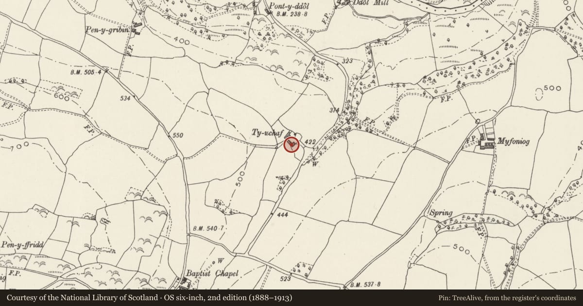 Ordnance Survey six-inch map, 2nd edition (1888–1913) covering the location of Ty Ucha, Llannefydd, Conwy, with a pin at the register's coordinates