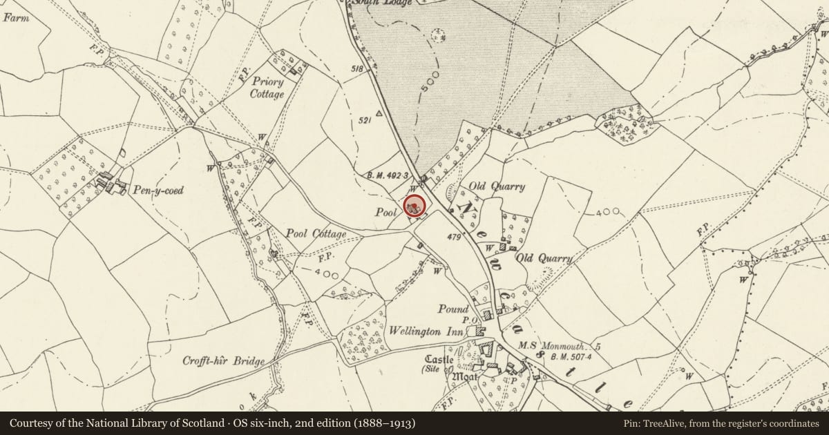 Ordnance Survey six-inch map, 2nd edition (1888–1913) covering the location of Pool Farmhouse with attached agricultural building, Whitecastle, Monmouthshire, with a pin at the register's coordinates