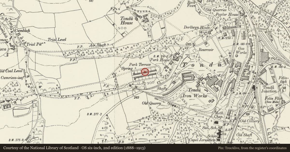 Ordnance Survey six-inch map, 2nd edition (1888–1913) covering the location of 27-52 Park Terrace (consec), Ynysawdre, Bridgend, with a pin at the register's coordinates