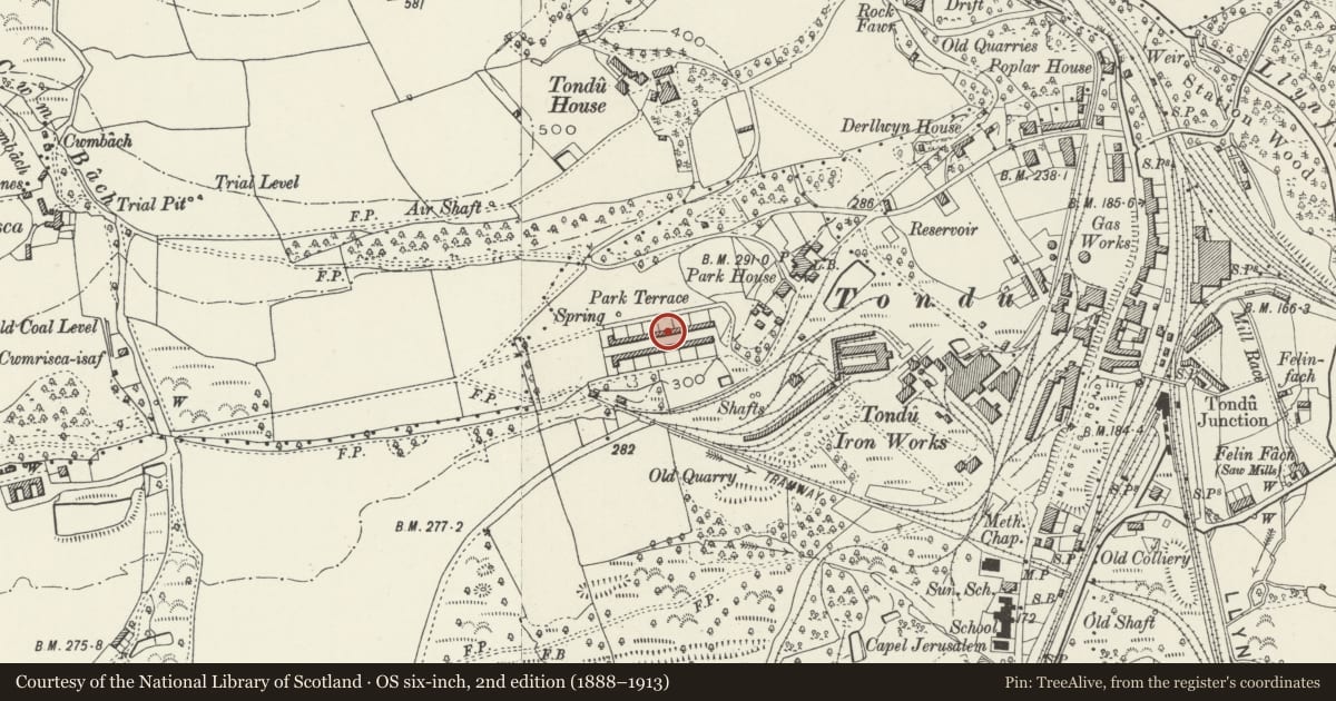 Ordnance Survey six-inch map, 2nd edition (1888–1913) covering the location of 27-52 Park Terrace (consec), Ynysawdre, Bridgend, with a pin at the register's coordinates