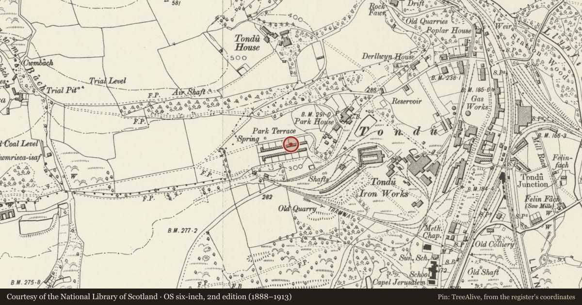 Ordnance Survey six-inch map, 2nd edition (1888–1913) covering the location of 27-52 Park Terrace (consec), Ynysawdre, Bridgend, with a pin at the register's coordinates