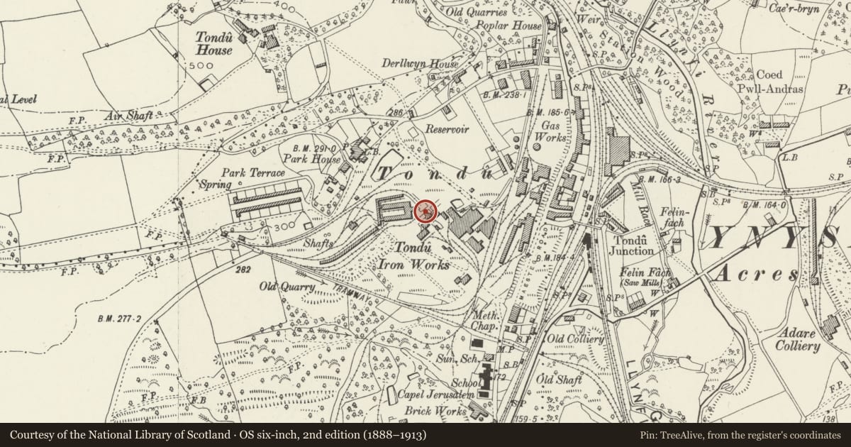 Ordnance Survey six-inch map, 2nd edition (1888–1913) covering the location of Lift Tower at Tondu Ironworks, Ynysawdre, Bridgend, with a pin at the register's coordinates