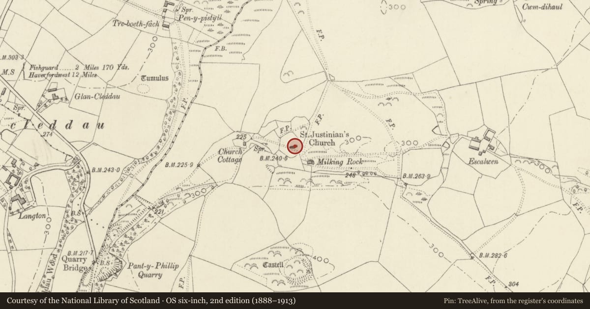 Ordnance Survey six-inch map, 2nd edition (1888–1913) covering the location of Church of St Justinian, Scleddau, Pembrokeshire, with a pin at the register's coordinates